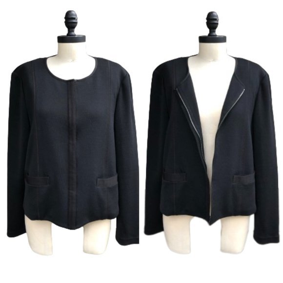 ST. JOHN CAVIAR Milano Knit Zip Front Ribbon Trim Cropped Black Jacket Blazer 12 - Picture 1 of 16
